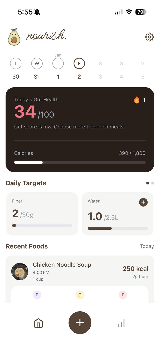 Nourish app dashboard showing gut health score and daily targets