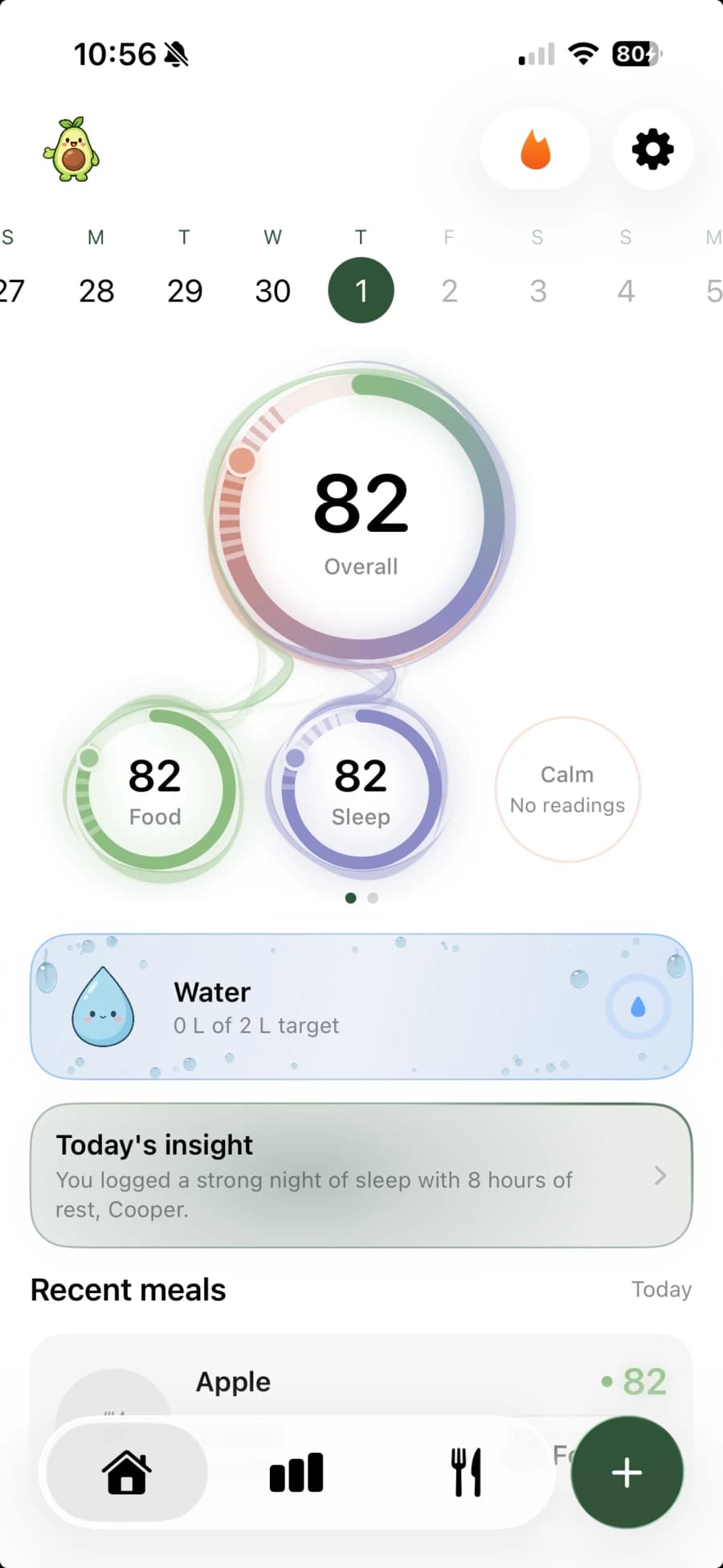 The Nourish home screen: an overall score of 82, food and sleep rings at 82, water, today’s insight and a recent meal