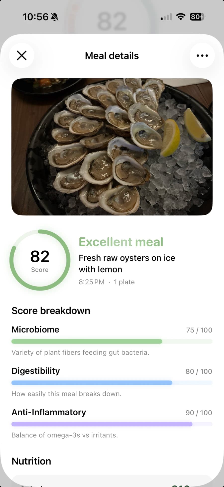 Meal details for fresh raw oysters: a meal score of 82, Excellent meal, and a score breakdown