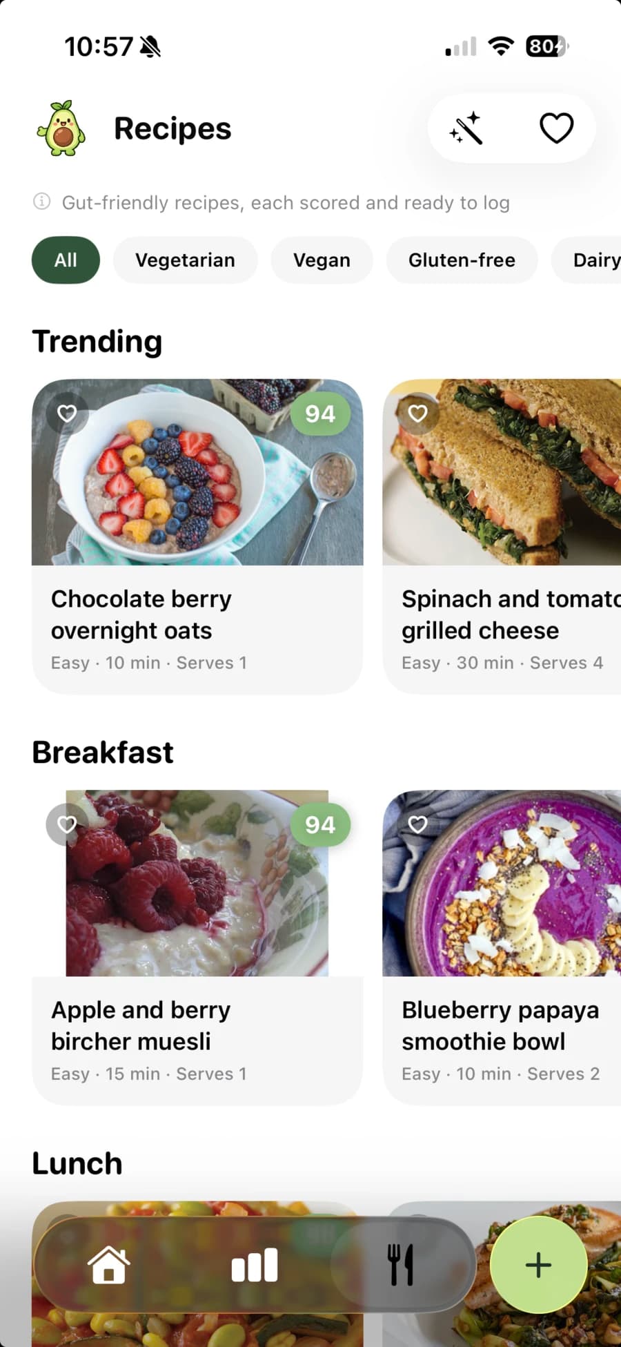 The Recipes screen with gut-friendly recipes, each showing a score