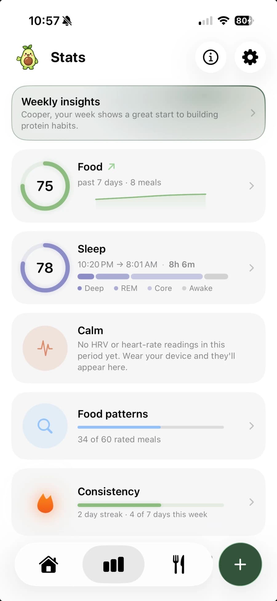 The Stats screen: weekly insights, a food score of 75, sleep of 78, calm, and food patterns at 34 of 60 rated meals