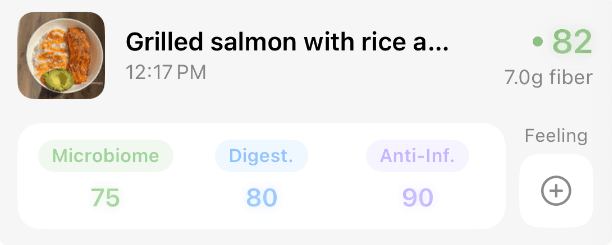 Grilled salmon with rice scoring 82 with microbiome 75, digestibility 80 and anti-inflammatory 90