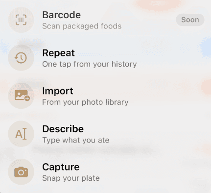 The Nourish log menu with barcode, repeat, import, describe and capture options