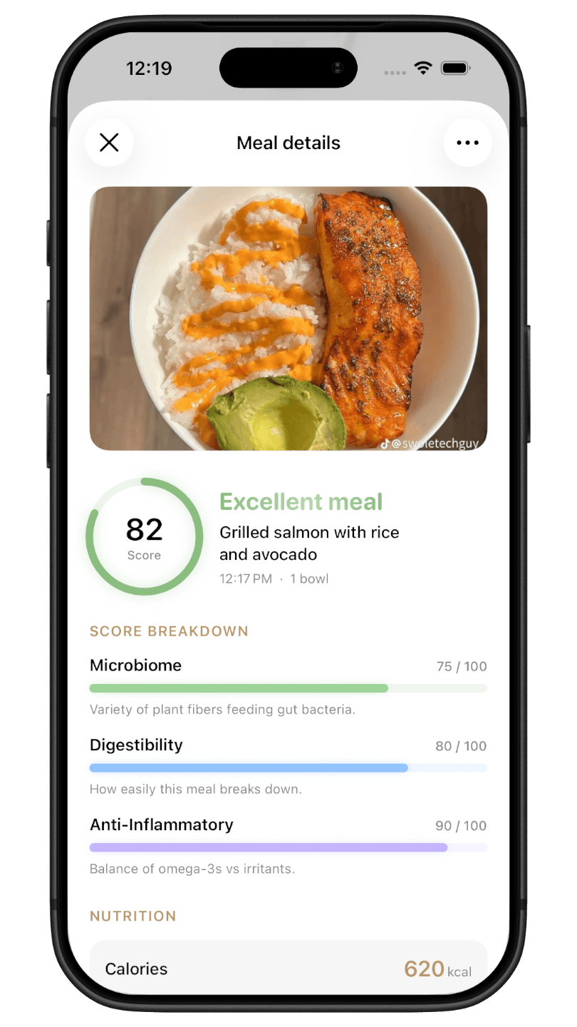 Meal details screen scoring grilled salmon with rice and avocado 82 out of 100